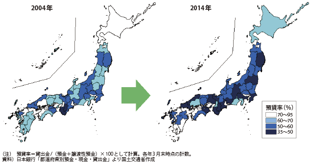 図表2-1-103　都道府県別預貸率の変化