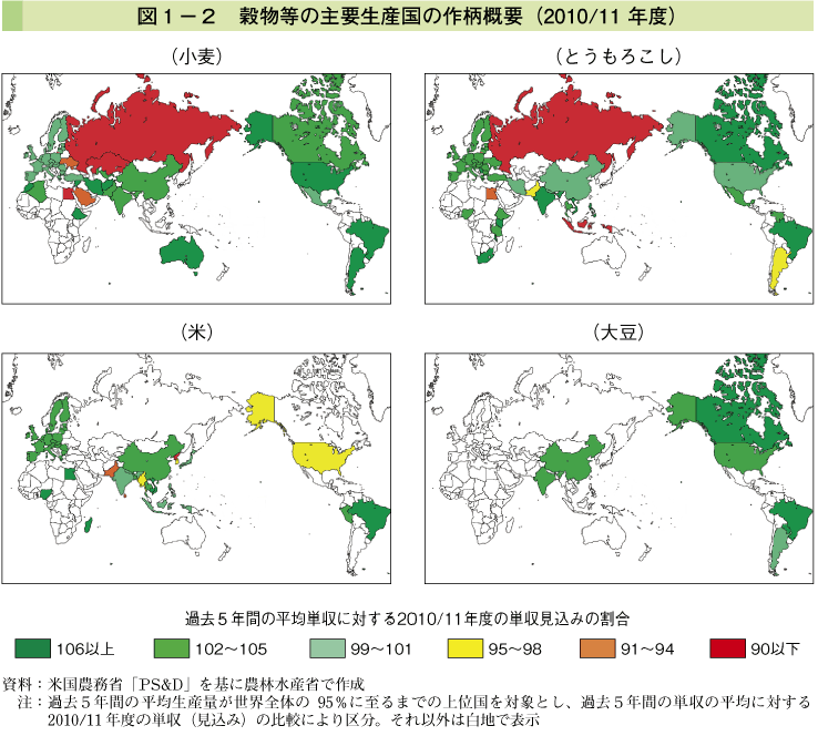 図1-2 穀物等の主要生産国の作柄概要（2010/2011年度）