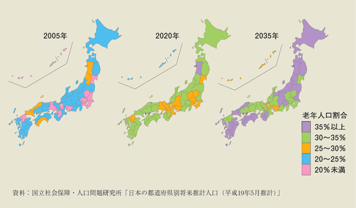 第1-1-14図　都道府県別老年人口割合の見通し