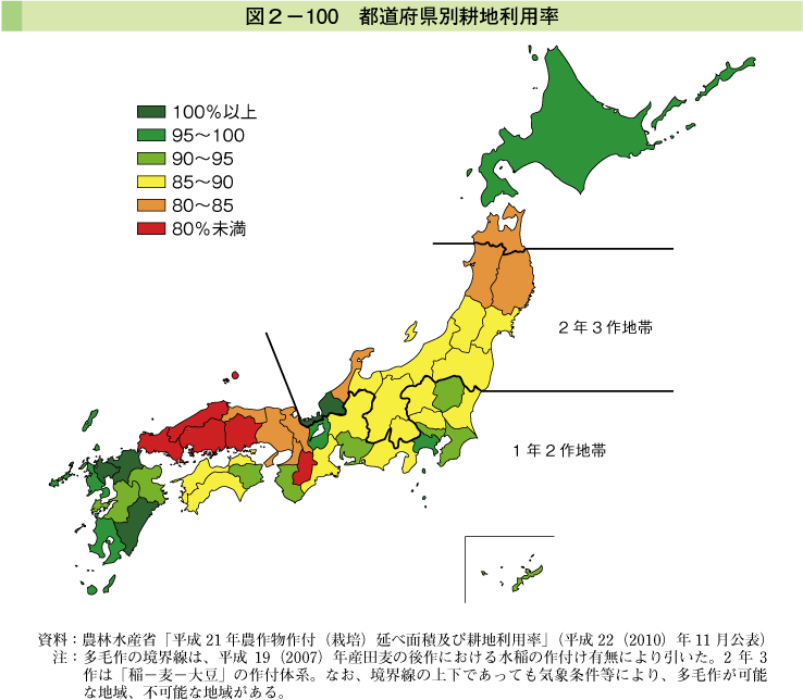 図2-100 都道府県別耕地利用率