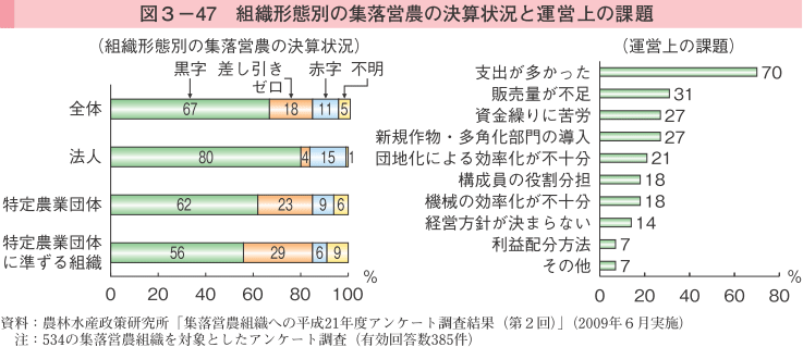 図3-47 組織携帯別の集落営農の決算状況と運営上の課題