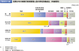 3-2-2-1図　犯罪少年の検察庁新規受理人員の罪名別構成比（年齢層別）