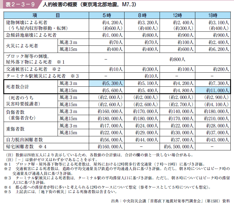 表２−３−９ 人的被害の概要（東京湾北部地震M７．３）