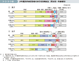 3-2-3-3図　少年鑑別所被収容者の非行名別構成比（男女別・年齢層別）