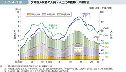 3-2-4-2図　少年院入院者の人員・人口比の推移（年齢層別）