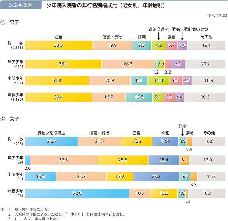 3-2-4-3図　少年院入院者の非行名別構成比（男女別，年齢層別）