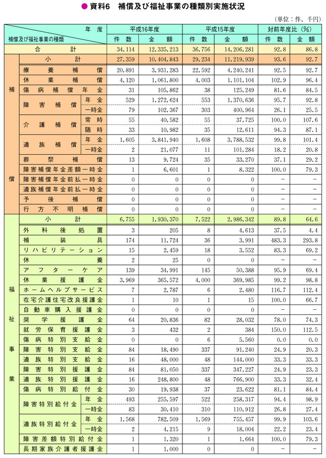 資料6　補償及び福祉事業の種類別実施状況