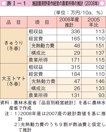 表Ⅰ-1 施設演芸野菜作経営の農業所得の推計（2008年）