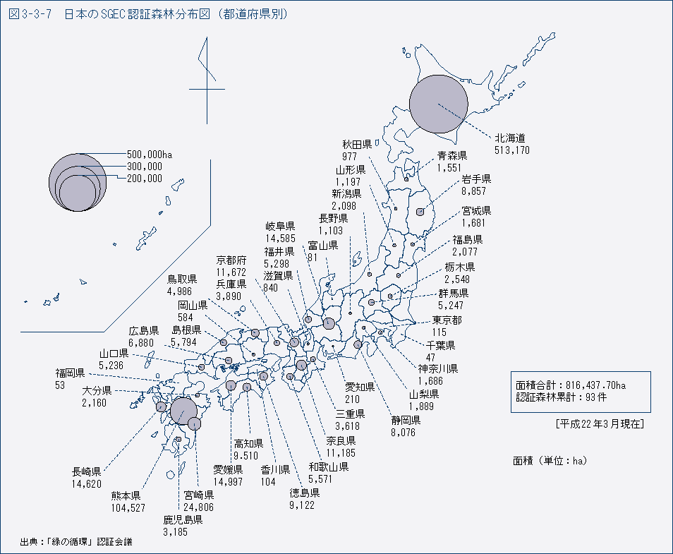 図3-3-7 日本のSGEC認証森林分布図(都道府県別)