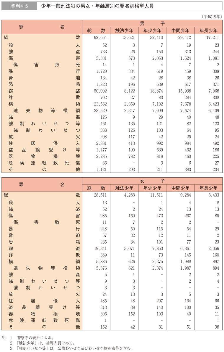 資料4-5　少年一般刑法犯の男女・年齢層別の罪名別検挙人員