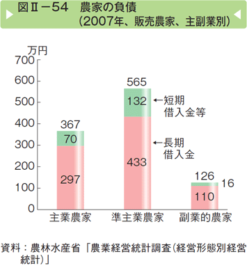 図Ⅱー54 農家の負債（2007年、販売農家、主副業別）