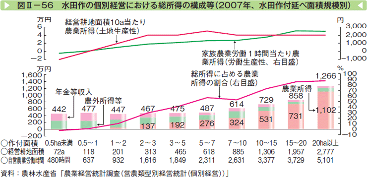 図Ⅱー56 水田作の個別経営における総所得の構成等（2007年、水田作付述べ面積規模別）