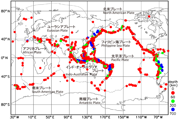 図表2-1-1-4　世界のマグニチュード6以上の震源分布とプレート境界（2010年～2019年）