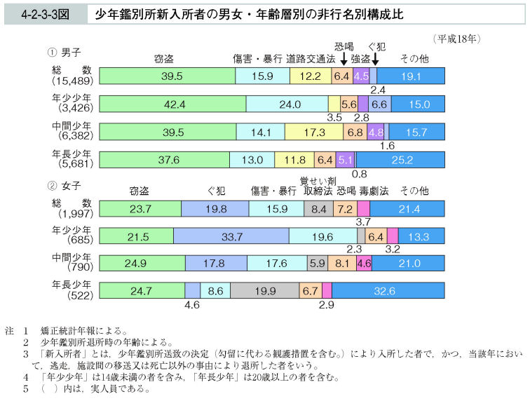 4-2-3-3図　少年鑑別所新入所者の男女・年齢層別の非行名別構成比