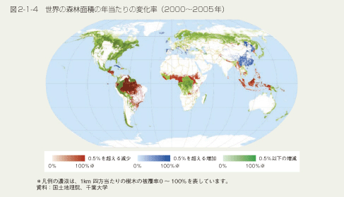 図2-1-4 世界の森林面積の年当たるの変化率(2000~2005年)