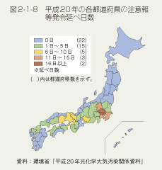 図2-1-8 平成20年の各都道府県の注意報等発令延べ日数