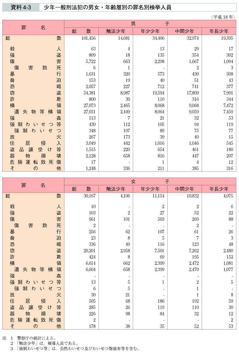 資料4-3　少年一般刑法犯の男女・年齢層別の罪名別検挙人員