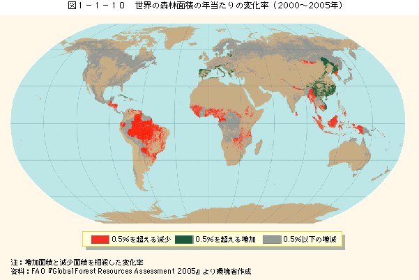 図1-1-10 世界の森林面積の年当たりの変化率(2000年〜2005年)