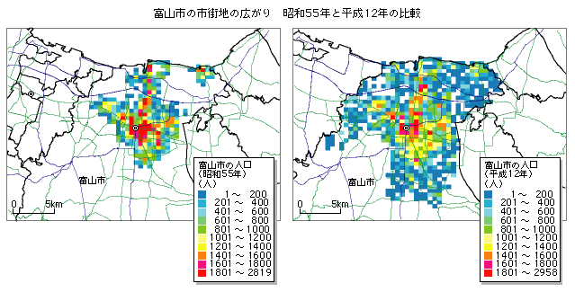 富山市の市街地の広がり 昭和55年と平成12年の比較