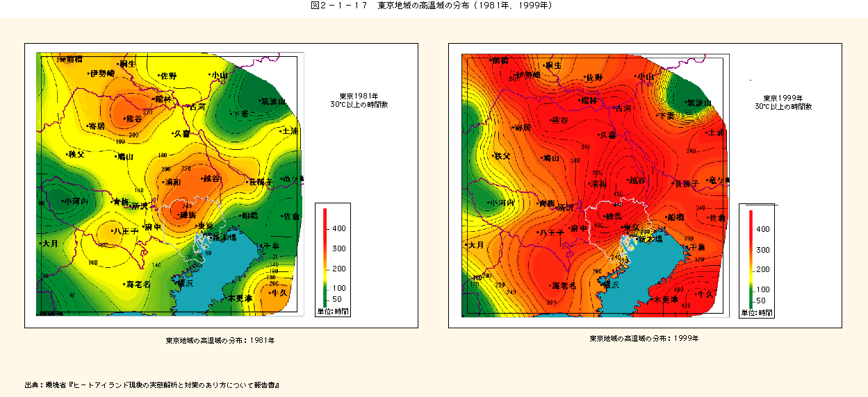 図2-1-17 東京地域の高音域の分布(1961、1999年)