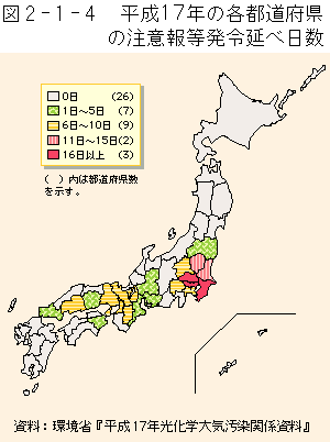 2-1-4図　平成17年の各都道府県の注意報等発令延べ日数