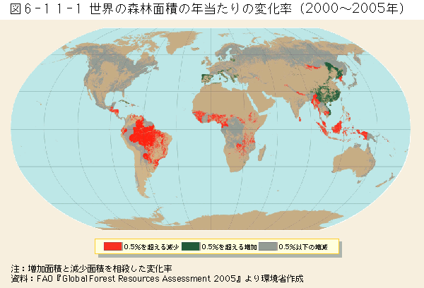 6-11-1図　世界の森林面積の年当たりの変化率（2000年?2005年）