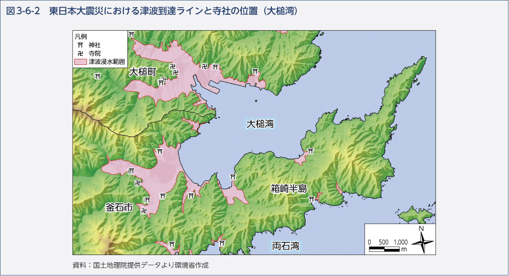 図3-6-2 東日本大震災における津波到達ラインと寺社の位置（大槻湾）