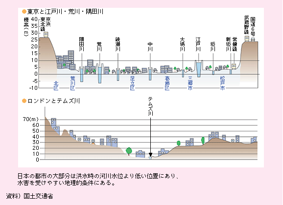 図表II-6-1-5　地盤の大半が洪水時の水位より低い日本の都市