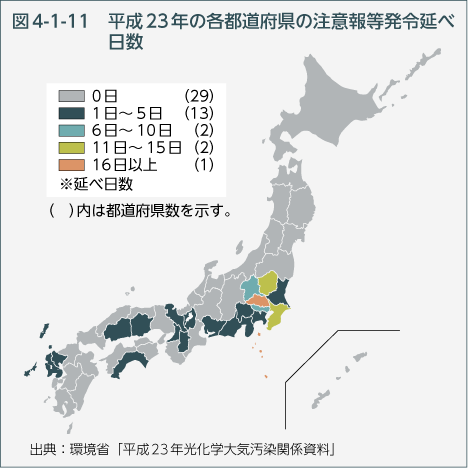 図4-1-11 平成23年の各都道府県の注意報等発令延べ日数