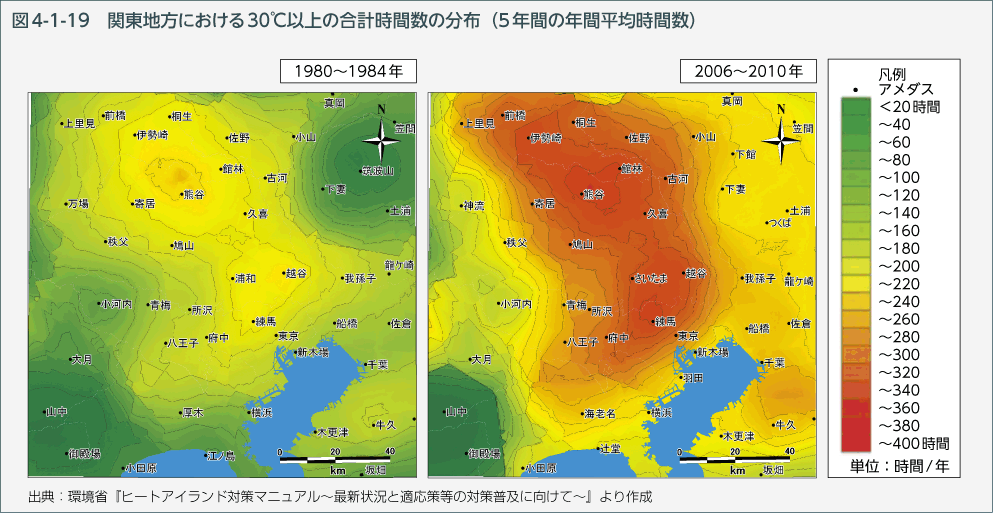 図4-1-19 関東地方における30℃以上の合計時間数の分布（5年間の年間平均時間数）