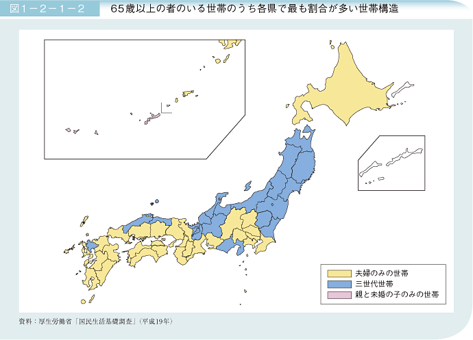 図1－2－1－2 65歳以上の者のいる世帯のうち各県で最も割合が多い世帯構造