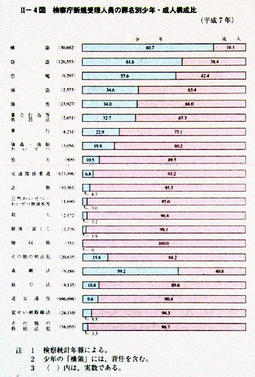 II-4図　検察庁新規受理人員の罪名別少年・成人構成比