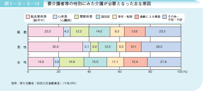 図１－２－３－１３ 要介護者等の性別にみた介護が必要となった主な原因