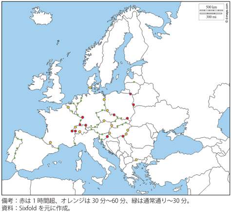 第Ⅱ-1-3-2図　欧州域内におけるトラック貨物運送の国境通過時間（3月16日時点）