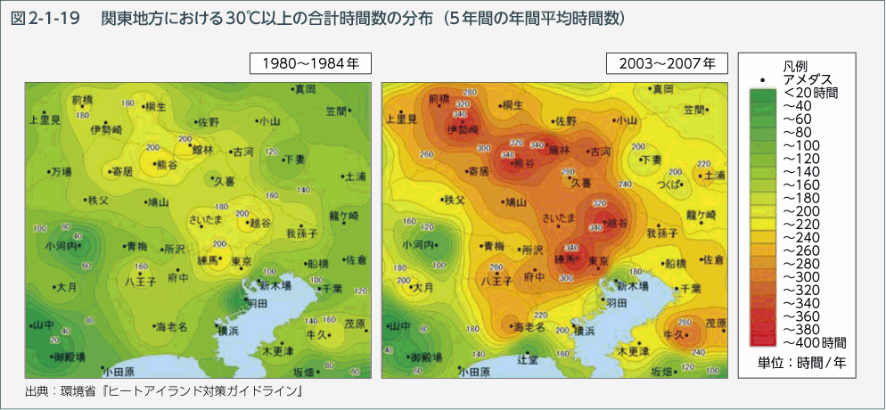 図2-1-19 関東地方における30℃以上の合計時間数の分布（5年間の年平均時間数）