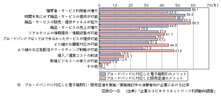 図表[3]　ブロードバンドに対応した電子商取引、販売促進によるメリット（複数回答）※