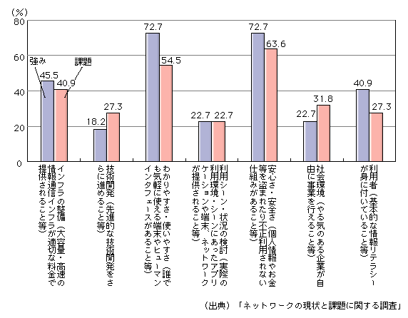 図表[10]　ユビキタスネットワーク社会に向けた強みと課題（複数回答）