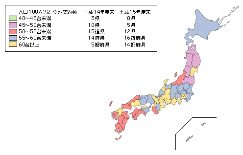 図表[2]　携帯電話の都道府県別普及状況（平成15年度末）