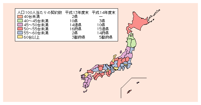 図表2)　携帯電話の都道府県別普及状況（平成14年度末）