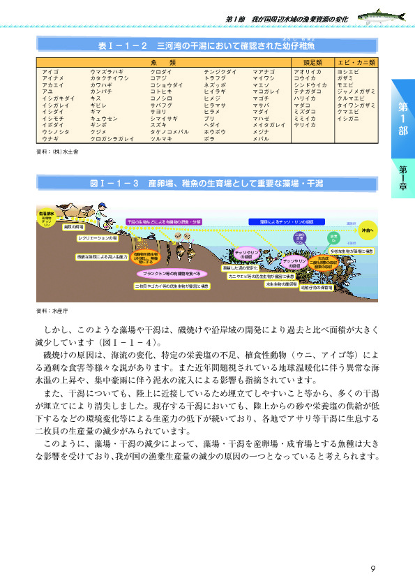 表I-1-2 三河湾の干潟において確認された幼仔稚魚