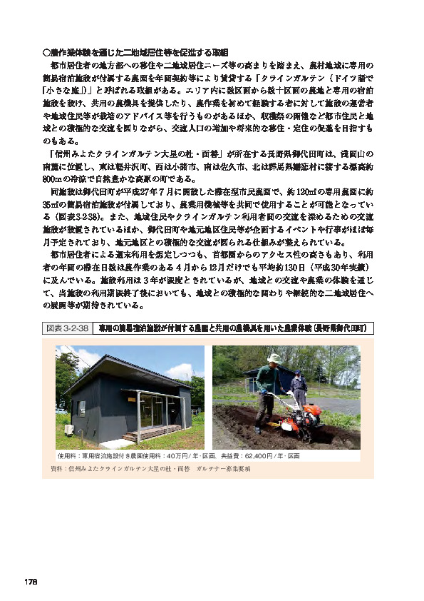 図表3-2-38 専用の簡易宿泊施設が付属する農園と共用の農機具を用いた農業体験（長野県御代田町）