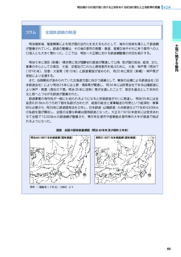 図表　全国の国有鉄道網図（明治40年末及び昭和２年末）