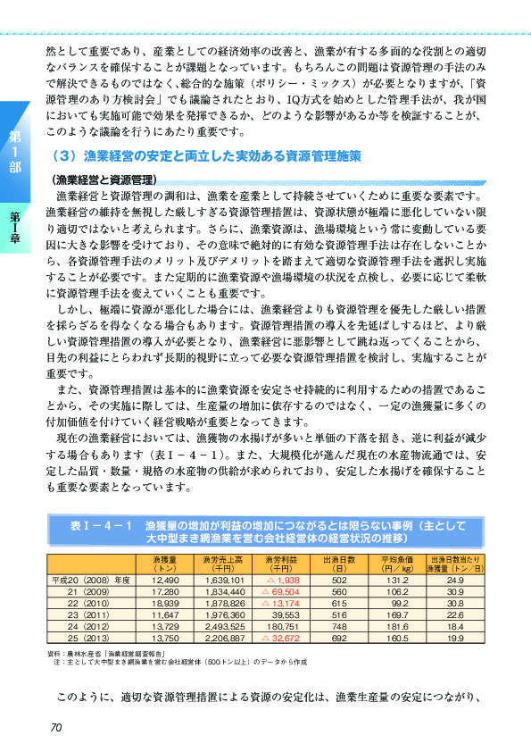 表I-4-1 漁獲量の増加が利益の増加につながるとは限らない事例(主として大中型まき網漁業を営む会社経営体の経営状況の推移)