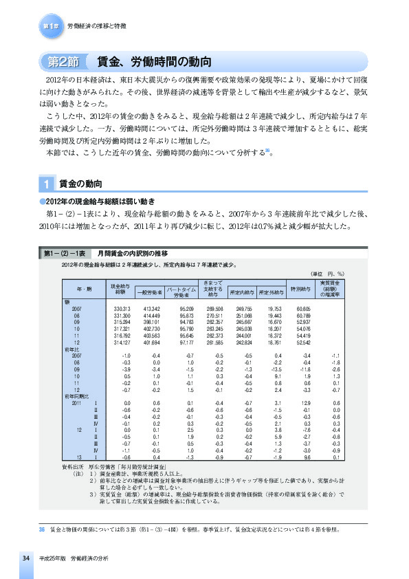 第1-(2)-1表 月間賃金の内訳別の推移