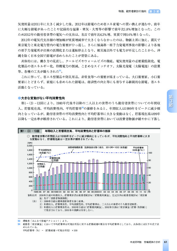 第1-(3)-13図 年間収入と貯蓄現在高、平均消費性向と貯蓄率の推移